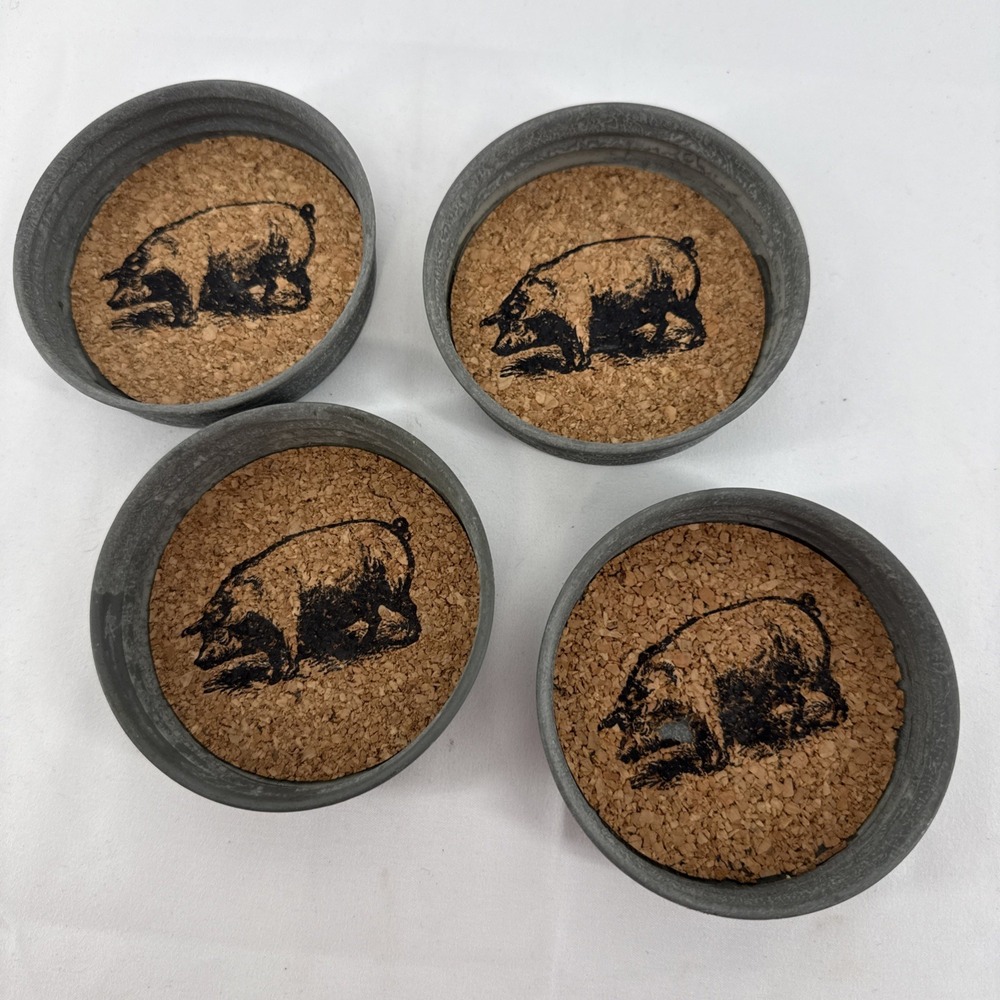 Farmhouse Pig Canning Jar Lid Drink Coasters Set of 4 Cottage Core Country 3.75"